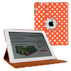 KIQ (TM) Polka Dots Orange 360 Rotating Leather Case Cover Skin Stand for Apple iPad 2/3/4