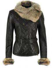 efunkouterwear Ladies Washed 100% Soft Lamb Leather Quilted Raccoon Fur Collar Jacket X-Small